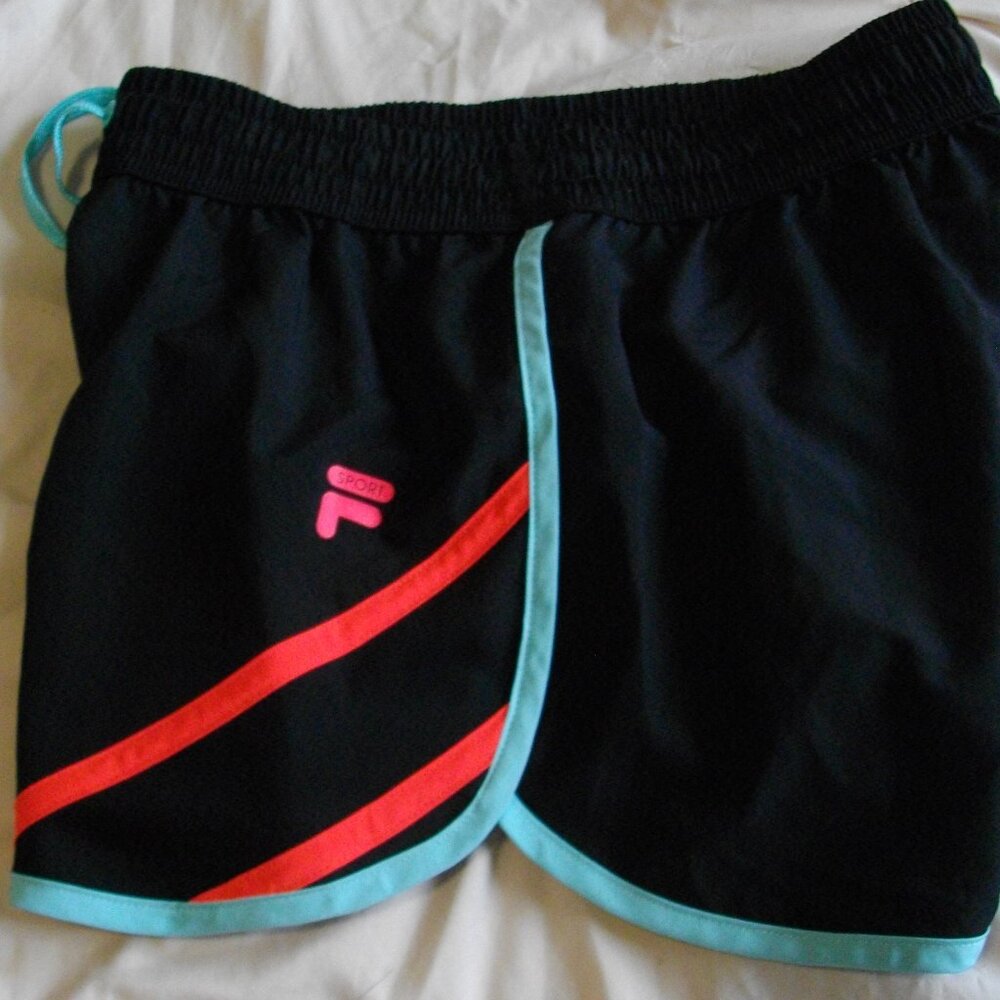 Women's Fila Sport running shorts, XS, black with teal and hot orange trim.